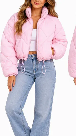 Love Tree Womens Size L Pink Cropped Puffer Jacket Full Zip Drawstring Hem NWOT thumbnail 1