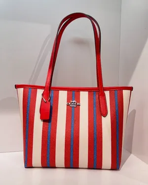 NWT Coach CT824 Small City Tote With Stripe Print Canvas Leather Chalk/Red Multi thumbnail 1
