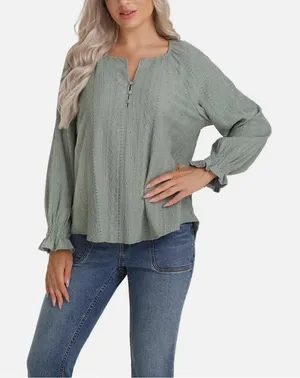 Frye Embroidered Boho Blouse Smocked Cuff Split Neck Green Long Sleeve S NWT thumbnail 1