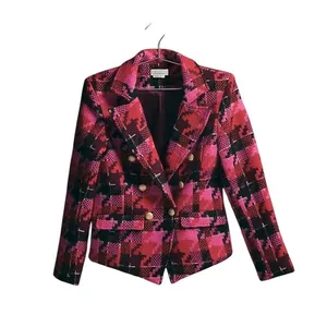 Anthropologie Exploded Plaid Tweed Blazer Medium Red Pink Gold Button Jacket thumbnail 11