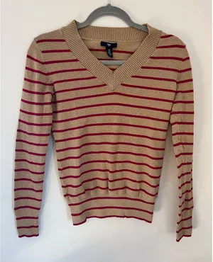 ❤️ 3/$25 GAP V Neck Sweater in Tan with Fuschia stripes, y2k style, XS thumbnail 1