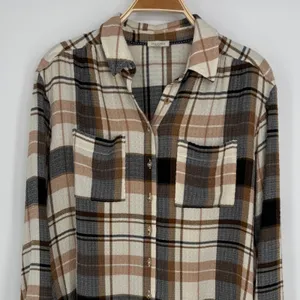 Anthropologie Pilcro Relaxed Long-Sleeve Checkered Shirt Small Brown Plaid Boho Casual Flannel thumbnail 5