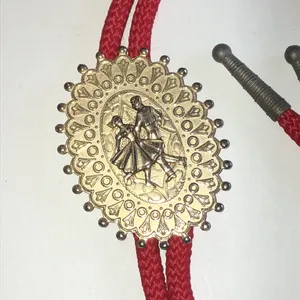 Red Western Bolo Tie with Decorative Gold Tone Dancer Medallion thumbnail 3