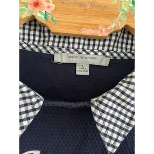 Marc New York Top Size L Navy Waffle Knit Gingham Layered Amore Embroidery thumbnail 3