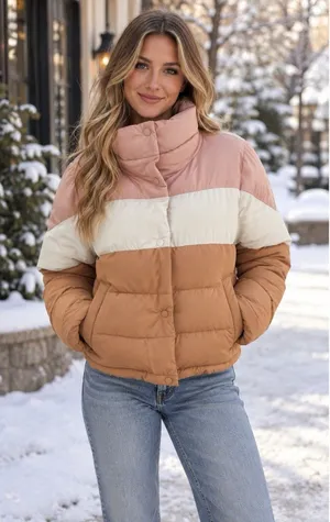 Abercrombie & Fitch Women's Colorblock Mini Puffer Jacket Pink Tan Size M thumbnail 1