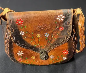 Handmade Handcrafted Brown Floral Tooled Leather Crossbody Bag thumbnail 1