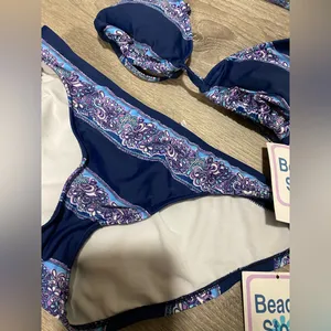 NWT Beach Stop Paisley Triangle Bikini Swim Set Medium Navy Purple thumbnail 5