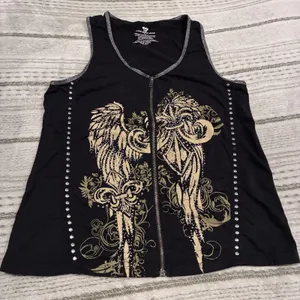 Black Rhinestone Vance Biker Wear Grunge Biker Tank Top-Zip Up-LARGE thumbnail 2