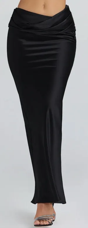 NEW HOUSE OF CB Beau Draped Black Satin Maxi Skirt Sz L thumbnail 1