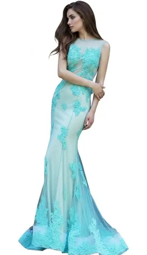 Turquoise Illusion Mermaid Gown Sheer Mesh Floral Lace Appliqués 6 Prom Wedding thumbnail 1