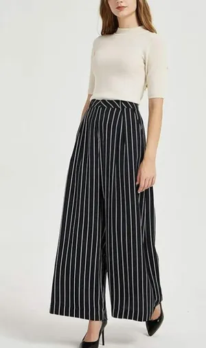 Navy gray and white pinstripe pleated palazzo wide leg trouser pants size large thumbnail 3