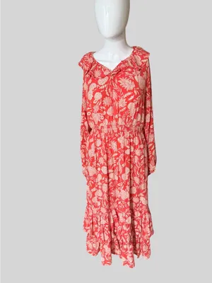 Universal Threads Coral and Cream Floral Long-Sleeve Midi Dress thumbnail 2
