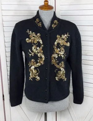 Vintage Karen Scott Sequin Fuzzy Angora Wool Cardigan Sweater Black‎ Gold Medium thumbnail 1