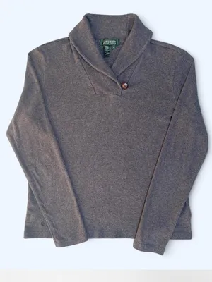Lauren Ralph Lauren Shawl Collar 100% Cotton Sweater Heathered Gray Preppy M thumbnail 1