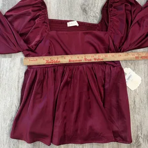 Altar'd State Burgundy Satin Peplum Top Square Neck Smocked Back Size Medium NEW thumbnail 6