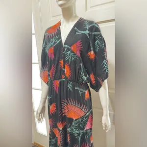 Farm Rio Anthropologie Valentina Black Maxi Orange Tropical Floral Print Sz S thumbnail 12