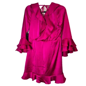 Lulus Fuchsia Pink Satin Ruffle Mini Dress Bell Sleeve Size L NWT Party Dress thumbnail 2