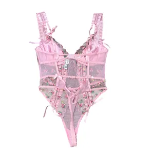 For Love & Lemons Bodysuit Womens Large Pink Excellent Floral Embroidered Lace thumbnail 3