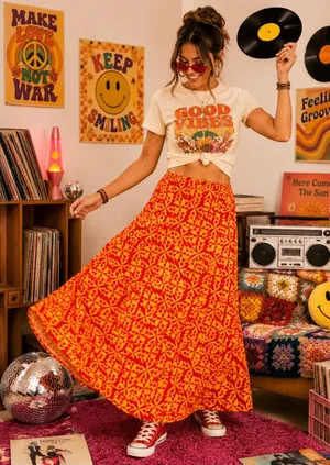LuLaRoe Red & Mustard Geometric Print Maxi Skirt XXS Fold Over Waist NWT Boho thumbnail 1