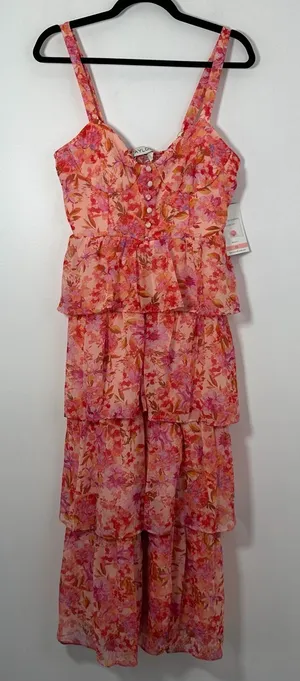 NWT Taylor Floral Tiered Maxi Dress Size 10 Pink Orange Ruffle Peplum thumbnail 1