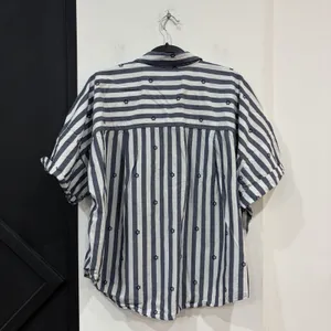 LOFT Clip Henley Dolman Striped Everyday Button Up Tunic Blouse Large Embroidery thumbnail 5
