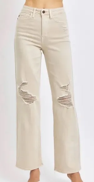 Judy Blue‎ High-Rise Distressed Wide-Leg Jeans in Cream Sz 15/32 thumbnail 1