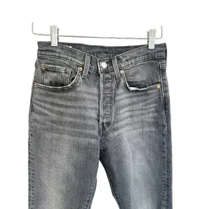 Levis Premium‎ 501 Jeans Women 27x 28 Black Denim Button Fly Straight Distressed thumbnail 3