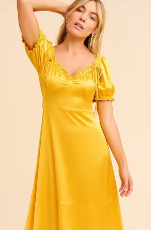 👗🌺Anthropologie Yellow Midi Dress M 6 8 Boho Cottagecore Puff Sleeve Ruffle Trim thumbnail 1