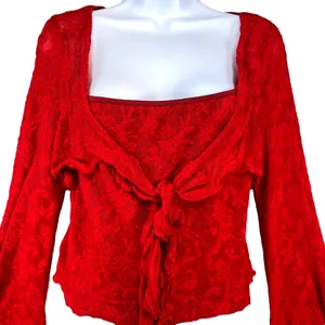 Red Lace Tie‎ Front Top Bell Sleeves Square Neck Women's Size Large thumbnail 3