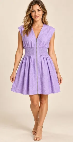 Entro Lavender Floral Checkerboard Zip Front Smocked Mini Dress D25862 Medium thumbnail 1