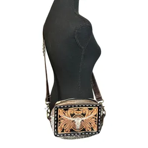 Myra Bag Tooled Leather Longhorn Hair-on Hide Crossbody Bag Brown Western Small thumbnail 4