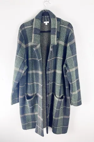 J. JILL Wool Blend Plaid Pockets Button Front Trench Coat Size XL Winter Cozy thumbnail 1