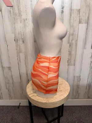 SheIn Retro Wave Sheer Mesh Mini Skirt Swim Cover Up Womens XS Orange Swirl thumbnail 3