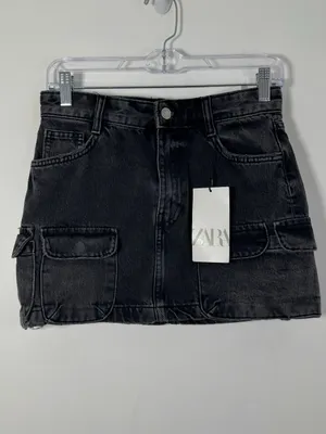 Zara Black Washed Y2K Denim Cargo Mini Skirt XS Mid Rise Utility Pocket NWT NEW thumbnail 2