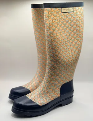 Vineyard Vines Womens Whale Print Rain Boots Navy Blue Orange Rubber Tall Size 5 thumbnail 1