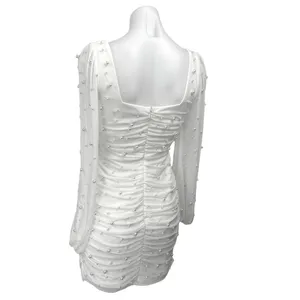 Lulus Admirably Divine White Mesh Pearl Beaded Long Sleeve Mini Bodycon Dress S thumbnail 2