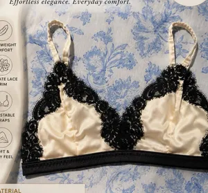 Banana Republic Cream Satin Bralette with Black Lace Trim size L large thumbnail 1