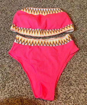Hot‎ Pink High Waisted Ribbed Bikini Set Womens Extra Large Swimwear thumbnail 1