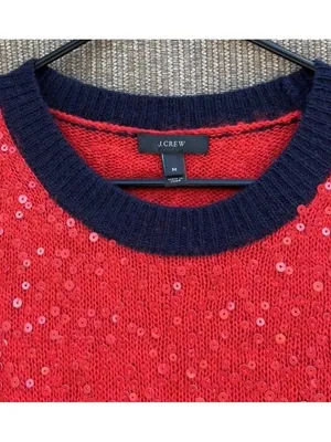 J.Crew Red Sequin Long Sleeves Pullover Wool Mohair Knit Sweater Top Size M thumbnail 3