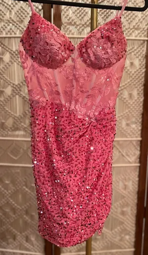 Elegant Pink Velvet Sequin Mini Dress thumbnail 1