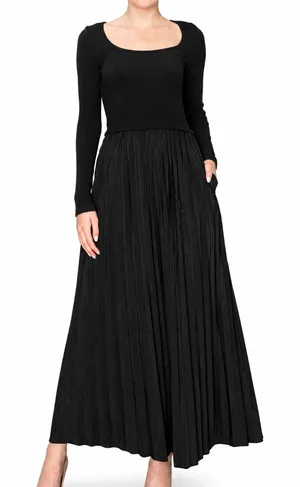 Melloday Mixed Media Long Sleeve Maxi Dress in black size medium thumbnail 1