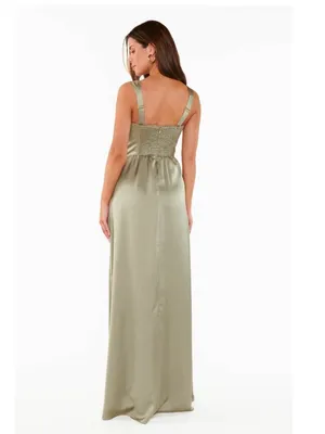 Show Me Your Mumu Nina Maxi Dress in Moss Green Luxe Satin Medium Corset thumbnail 3