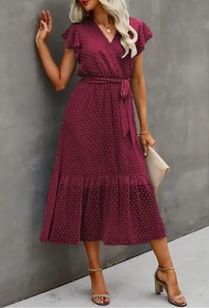 NEW Wrap Ruffle Cap Sleeveless Belted A-Line Swiss Dot Midi L thumbnail 3