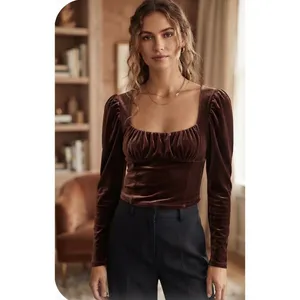Free People Hold Me Velvet Puff Sleeve Women's Brown Long Sleeve Sz LRG thumbnail 2