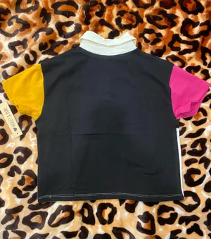 & Other Stories Brooklyn Colorblock Polo Crop Top Black/White with Pink & Yellow Sleeves Size M thumbnail 3