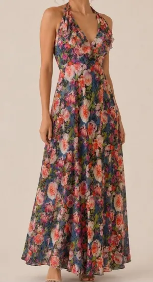 Fuzzi Floral Mesh Halter‎ Maxi Dress XS Romantic Ruffle Wedding Guest Italy $650 thumbnail 1