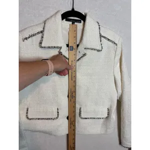 Amanda + Chelsea Natural Tweed Fringe Button Front Jacket Cream Black NWT M thumbnail 9