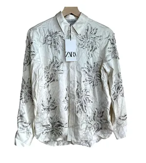 NWT Zara beaded long sleeved button down shirt floral cream satin‎ women's XS thumbnail 1