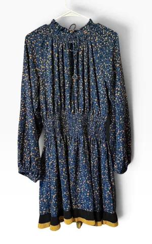 Current Air Blue Animal Floral Smocked Waist Mini Dress Size M Long Sleeve Boho thumbnail 1