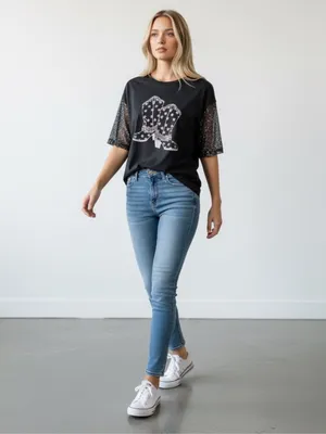 Black Western Rhinestone Graphic Top Metal Mesh Sleeves Country Medium thumbnail 7